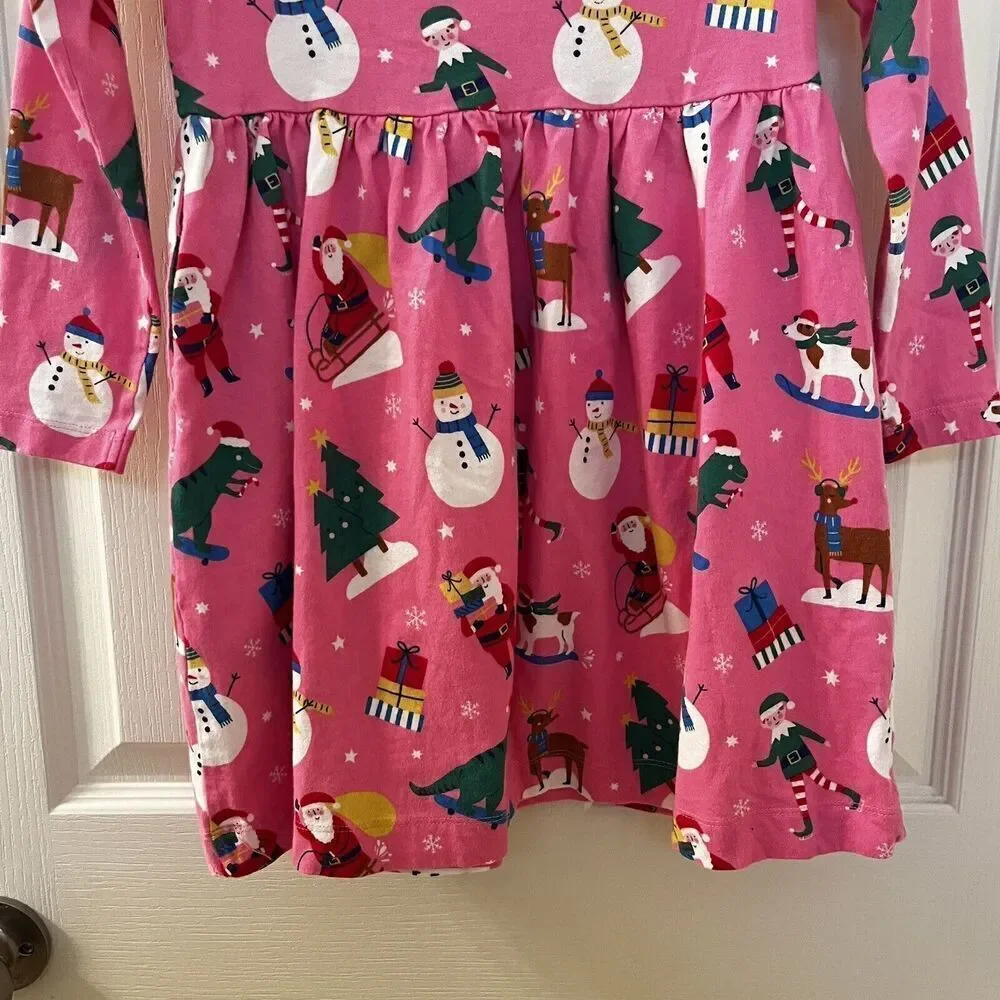 Mini Boden Festive Fun Pink Christmas Dress Dinosaurs Santa Pockets Girls SZ 5-6
